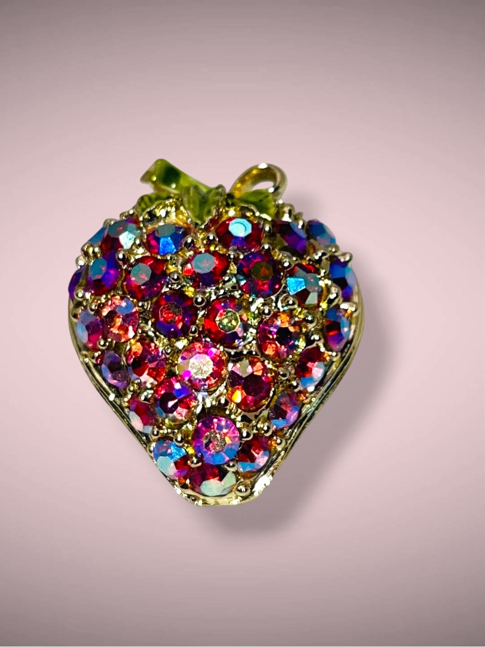 Dazzling Vintage Aurora Borealis Rhinestone Strawberry Brooch Iridescent Pink